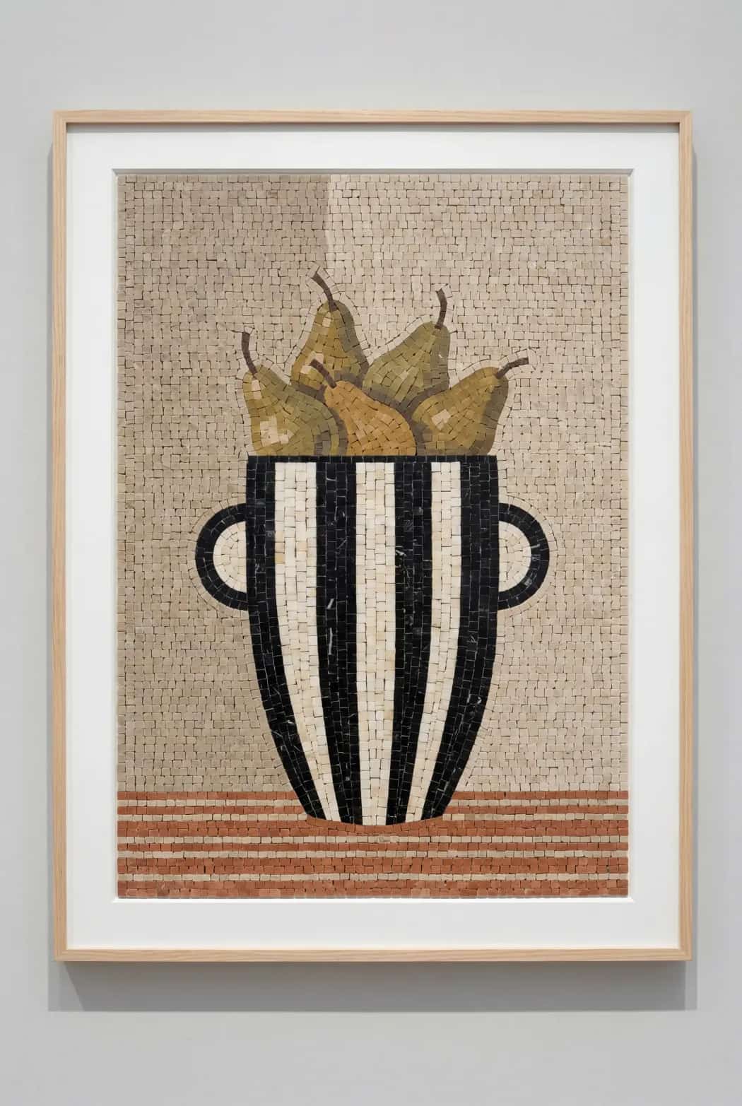 Natural marble mosaic panel with pears in a black and ivory striped vessel
