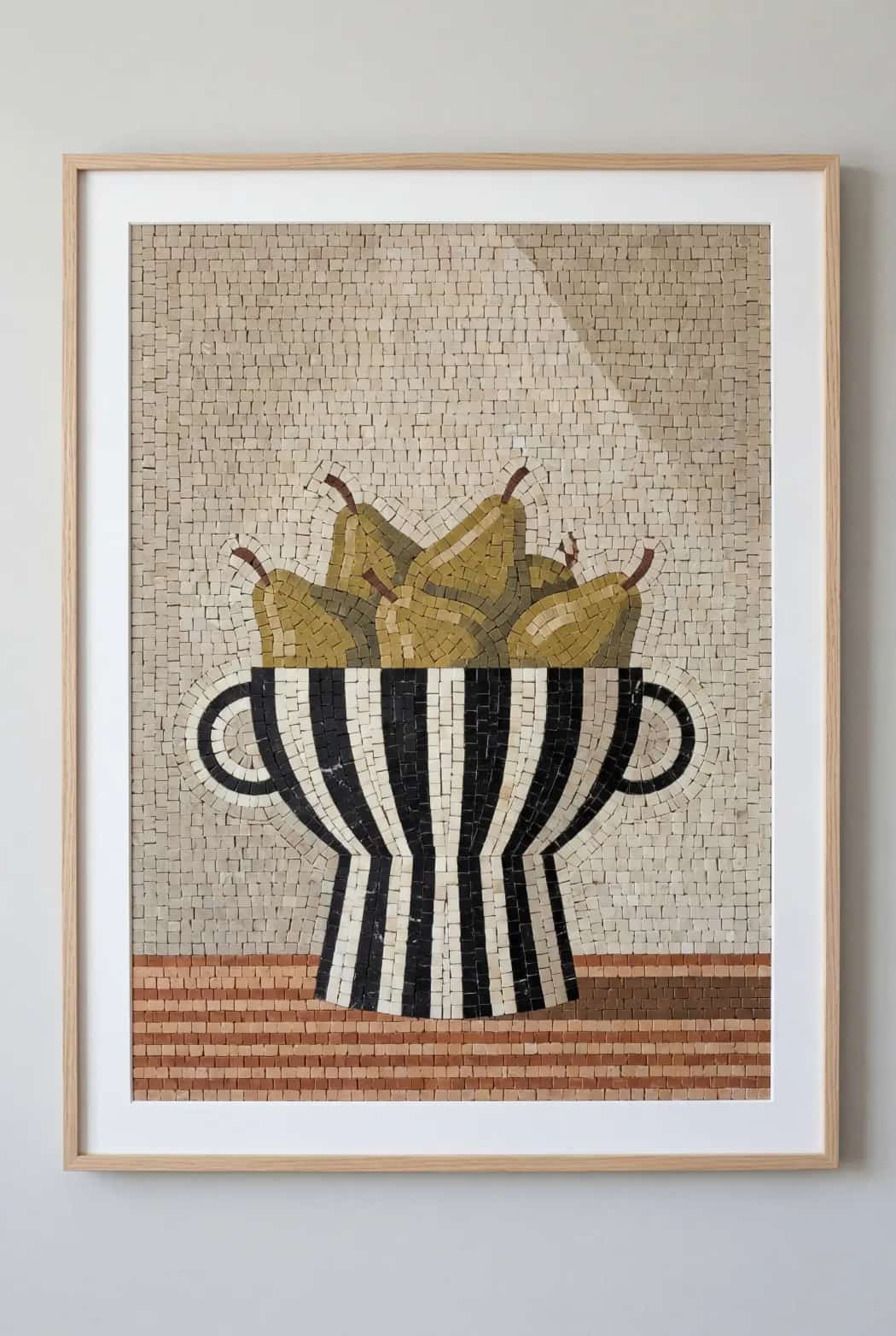 Marble mosaic still life with pears in a black and ivory striped urn