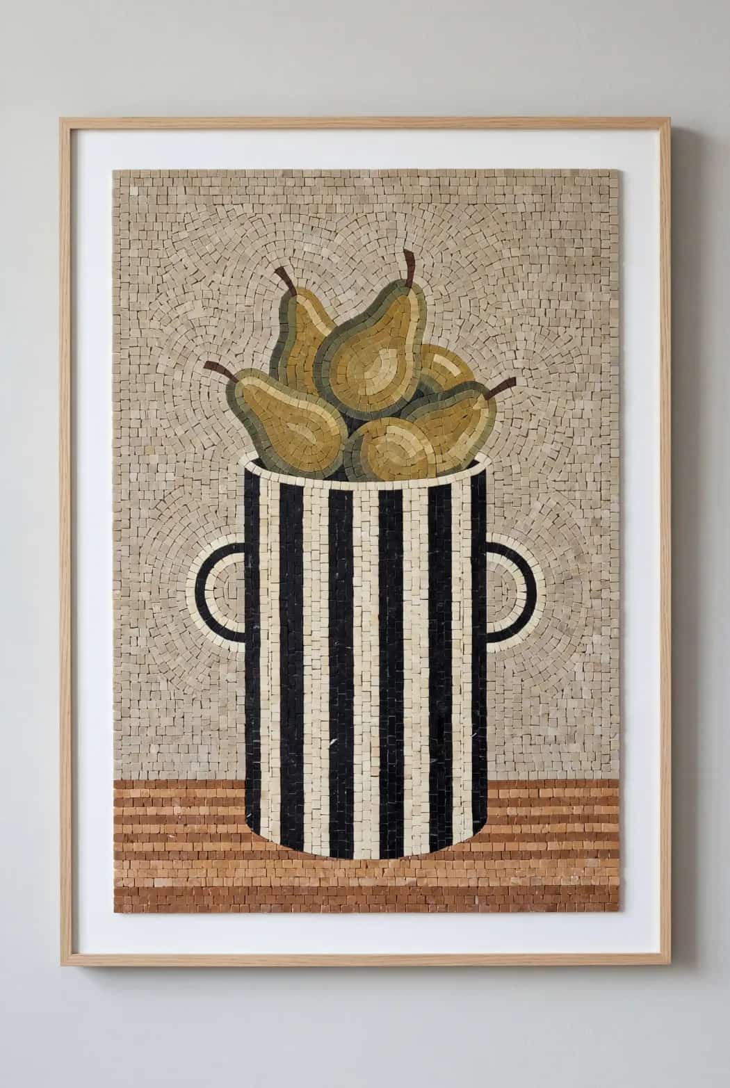 Tall black and ivory striped vessel with pears in a natural marble mosaic panel