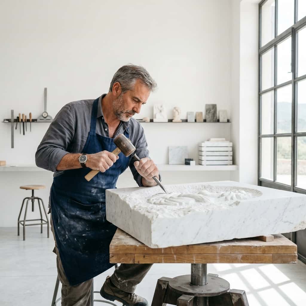 Custom marble console piece in artisan workshop context
