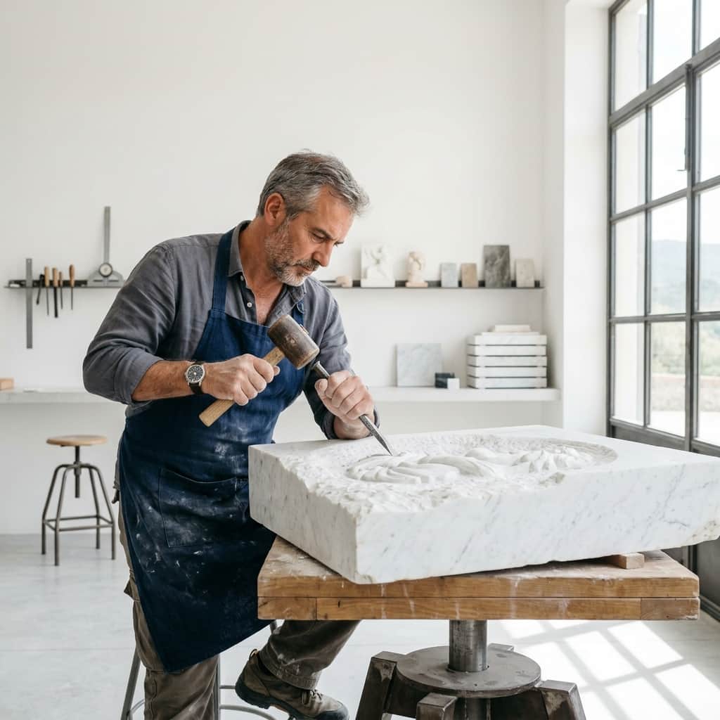 Custom marble console piece in artisan workshop context