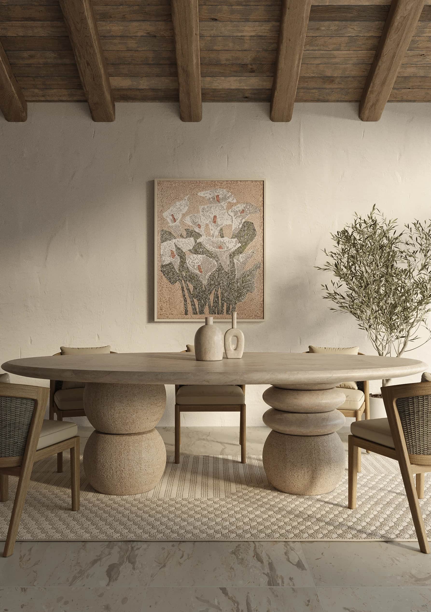 Large marble dining table with sculptural stacked-stone bases