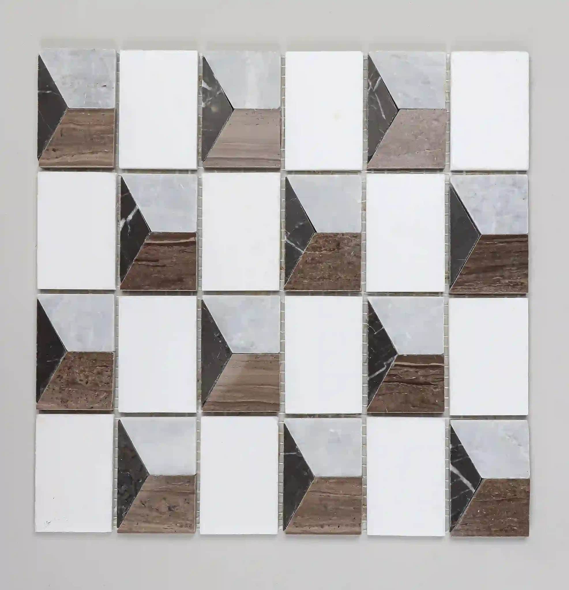 Positives and Negatives wall tile in athena grey, white greek thassos, turkish burdur grey and tala noir marbles