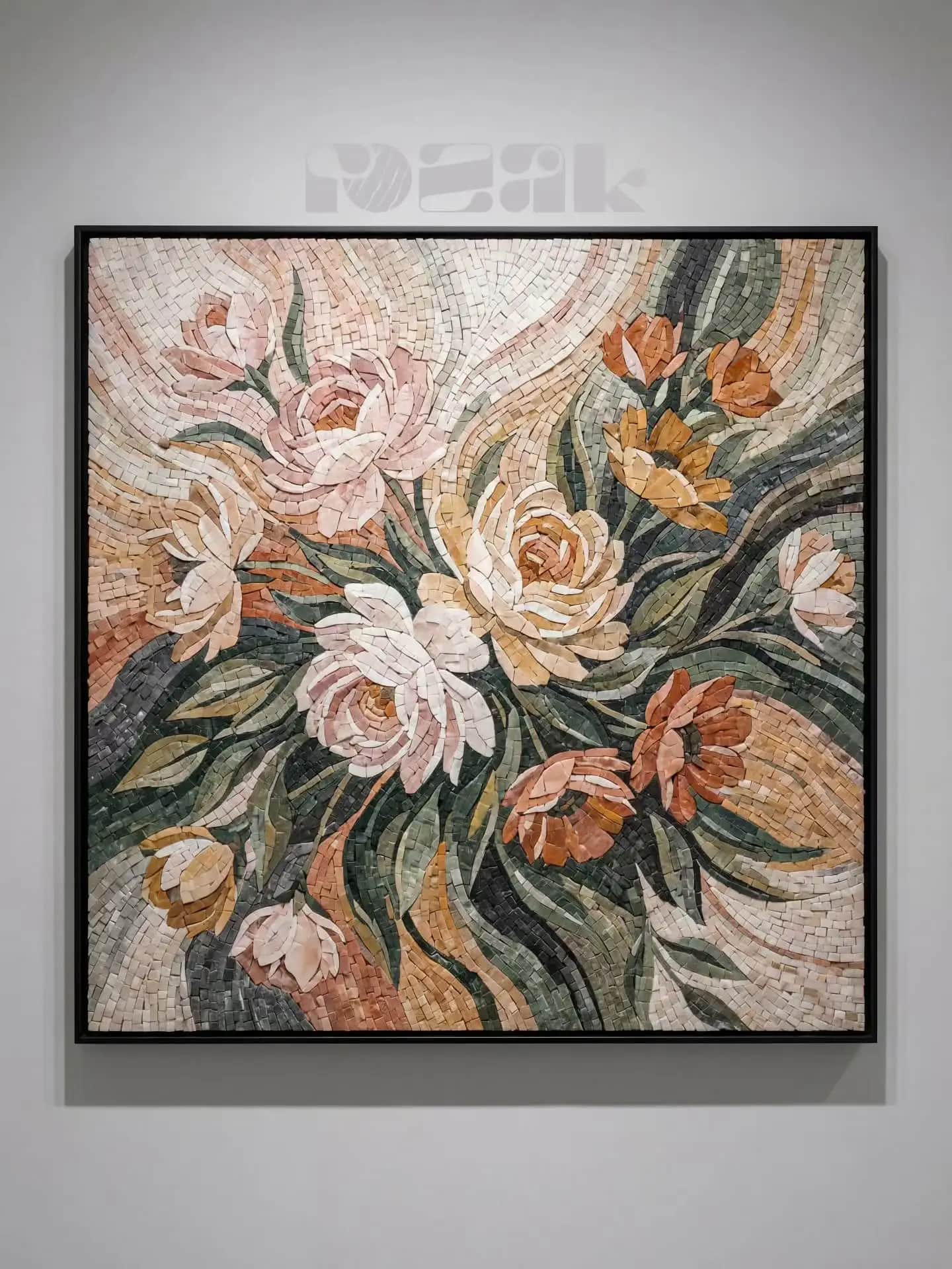 A painterly floral marble mosaic panel in blush, ivory and deep green tones