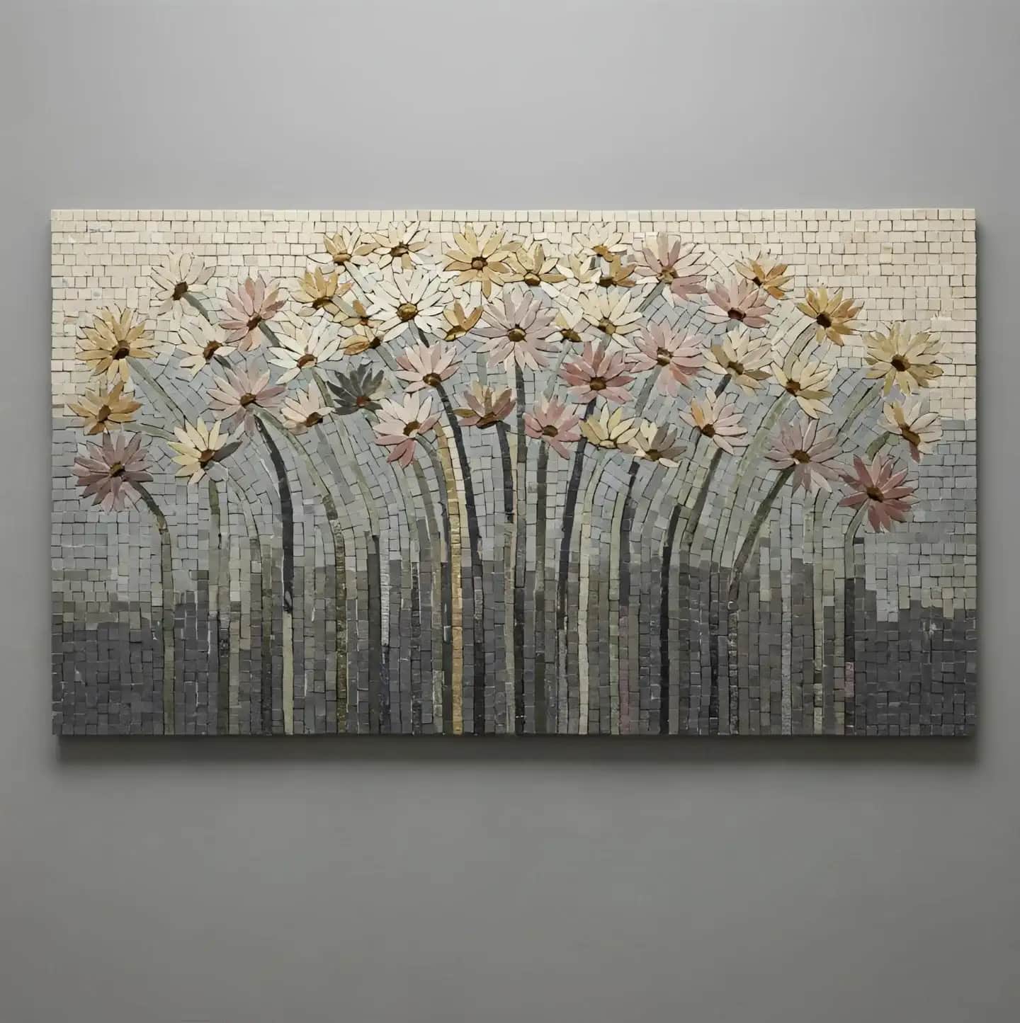 A wide marble mosaic of a daisy field rising above a textured grey base