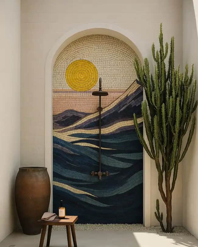 A floor-to-ceiling marble mosaic mural of a golden sun over deep blue mountains