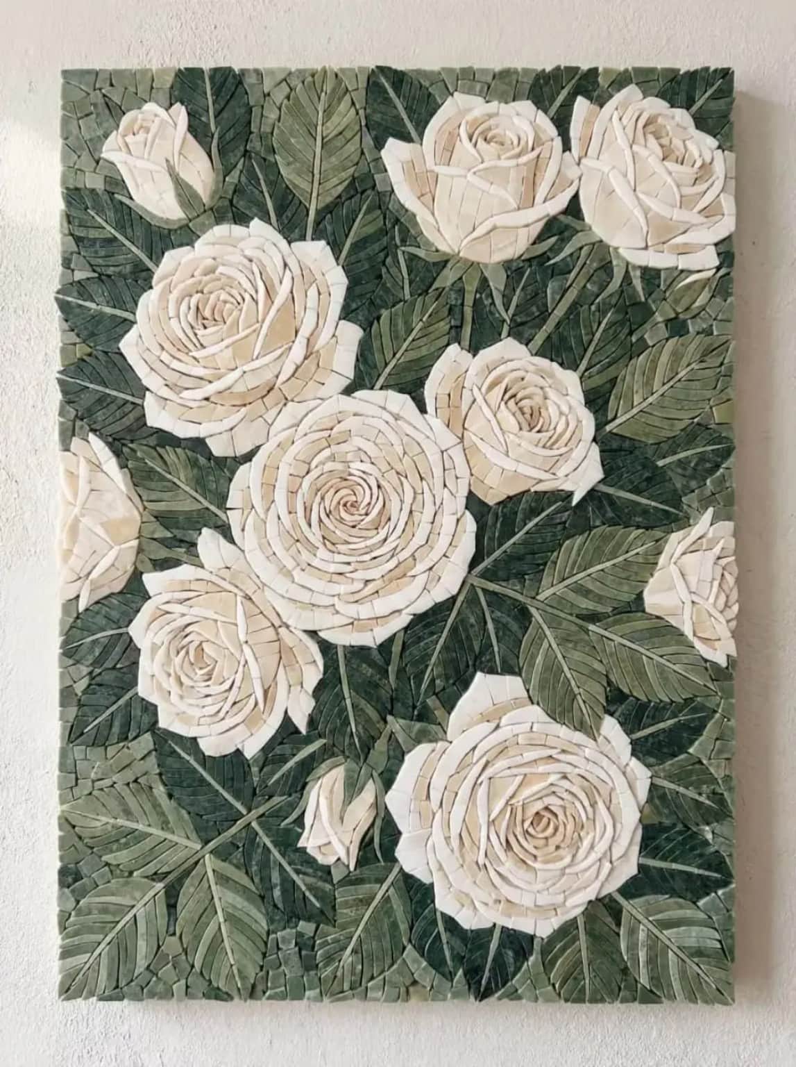 Ivora ivory roses and dense green foliage mosaic panel