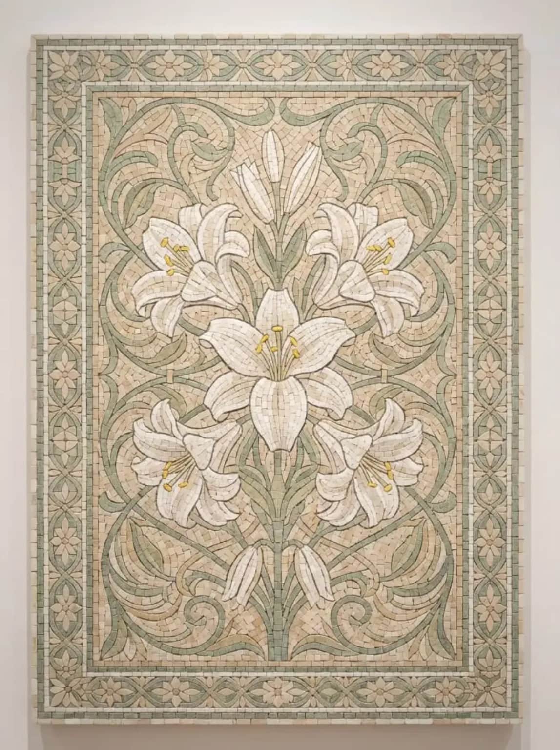 Lysenne white lily floral mosaic panel with ornamental border