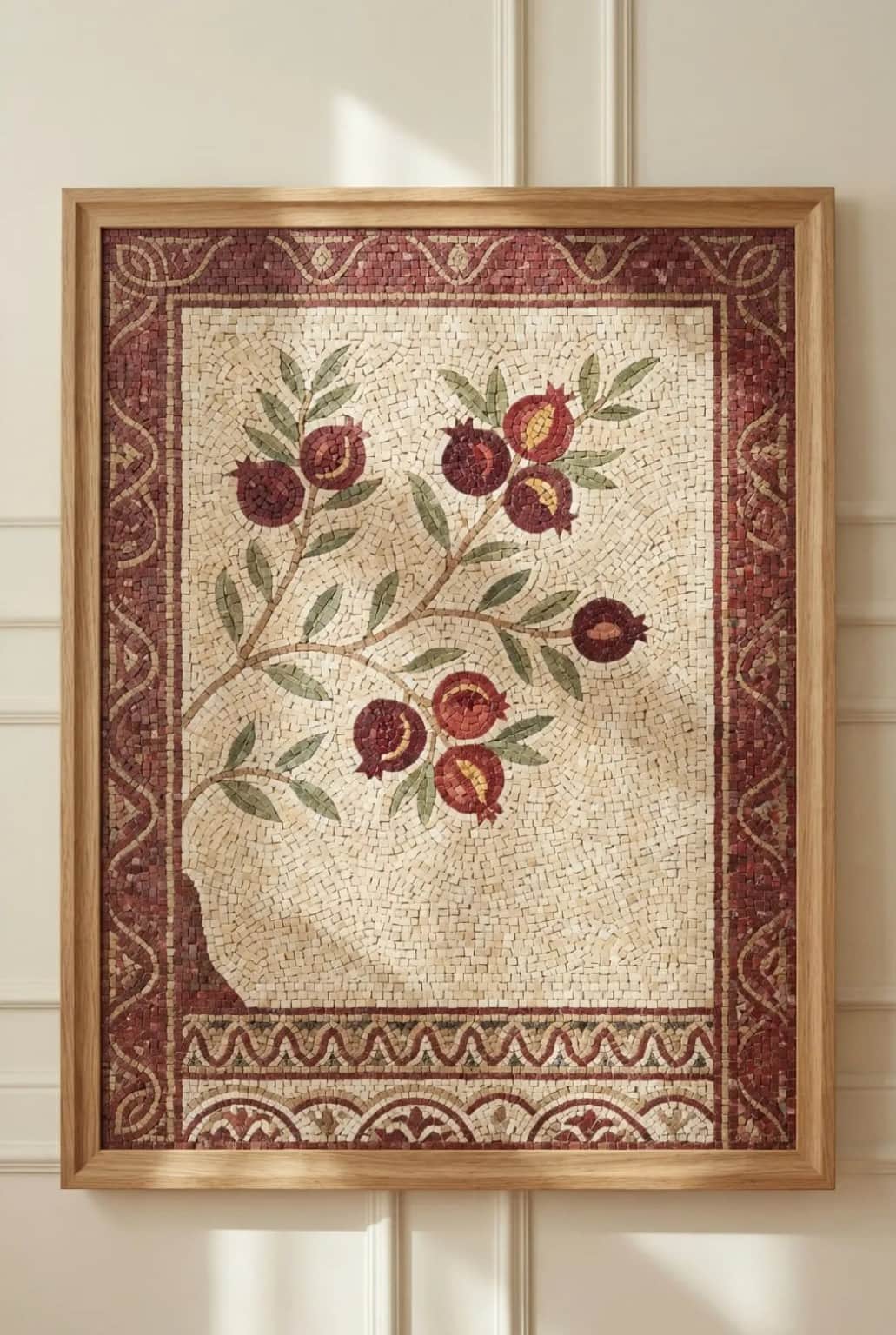Pomelle pomegranate branches with burgundy ornamental mosaic border