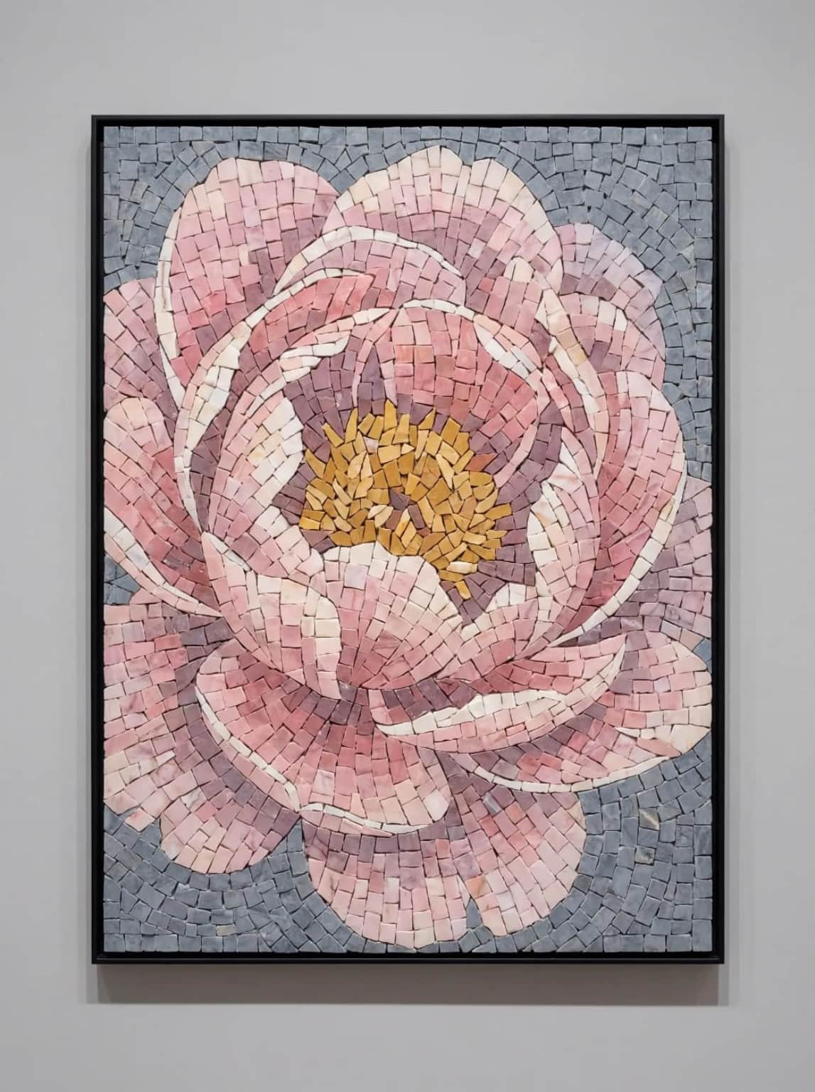 Roselle layered pink flower mosaic panel on blue-gray background