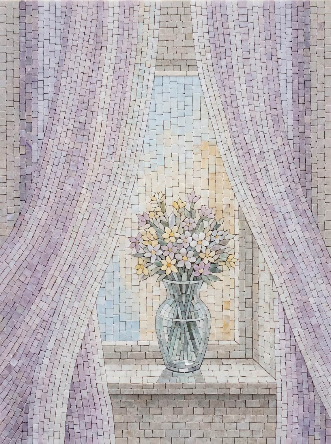Veloria marble mosaic panel with a flower-filled vase framed by flowing lavender drapery