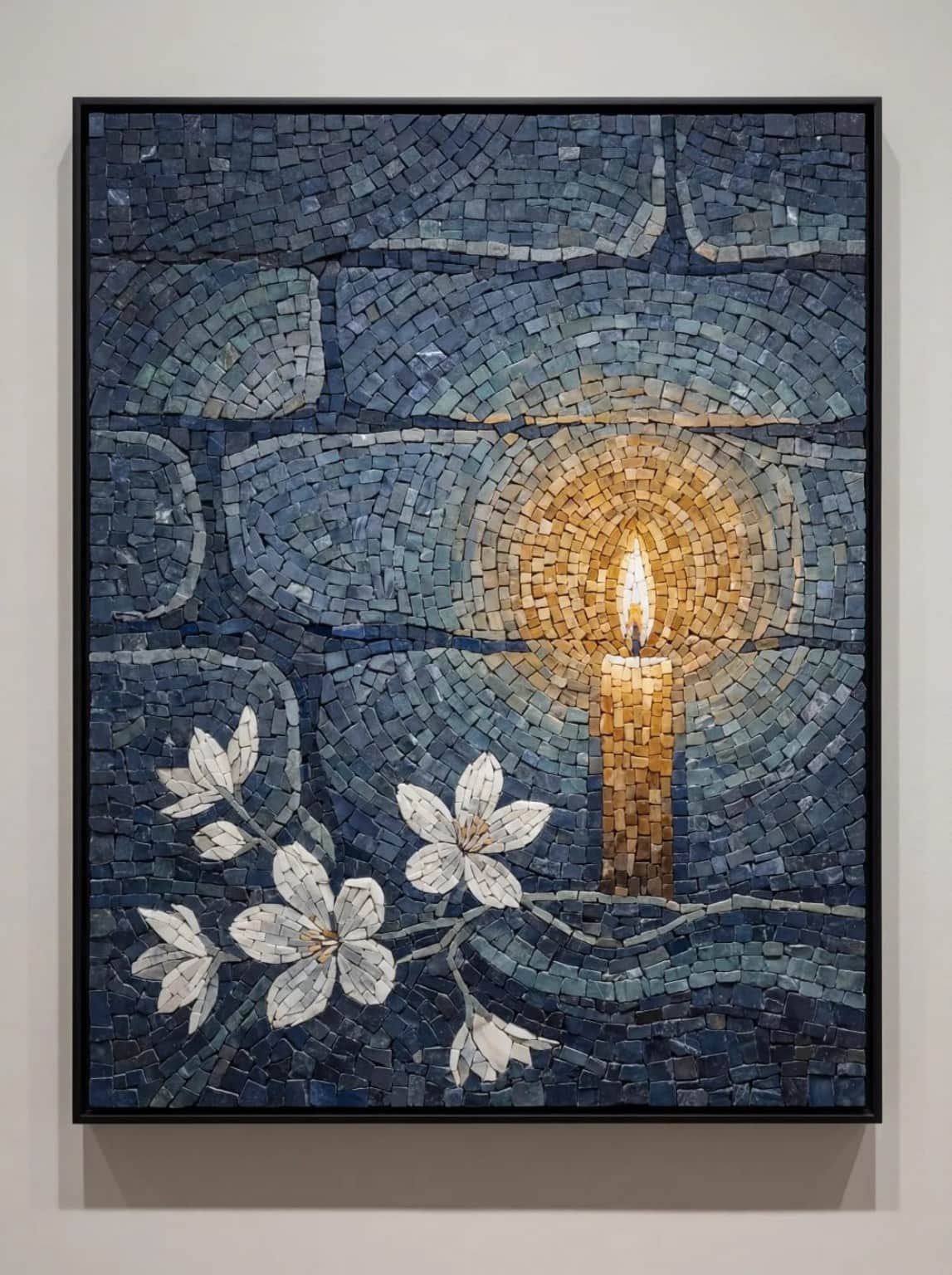 Vespera glowing candle and white blossoms on blue mosaic panel