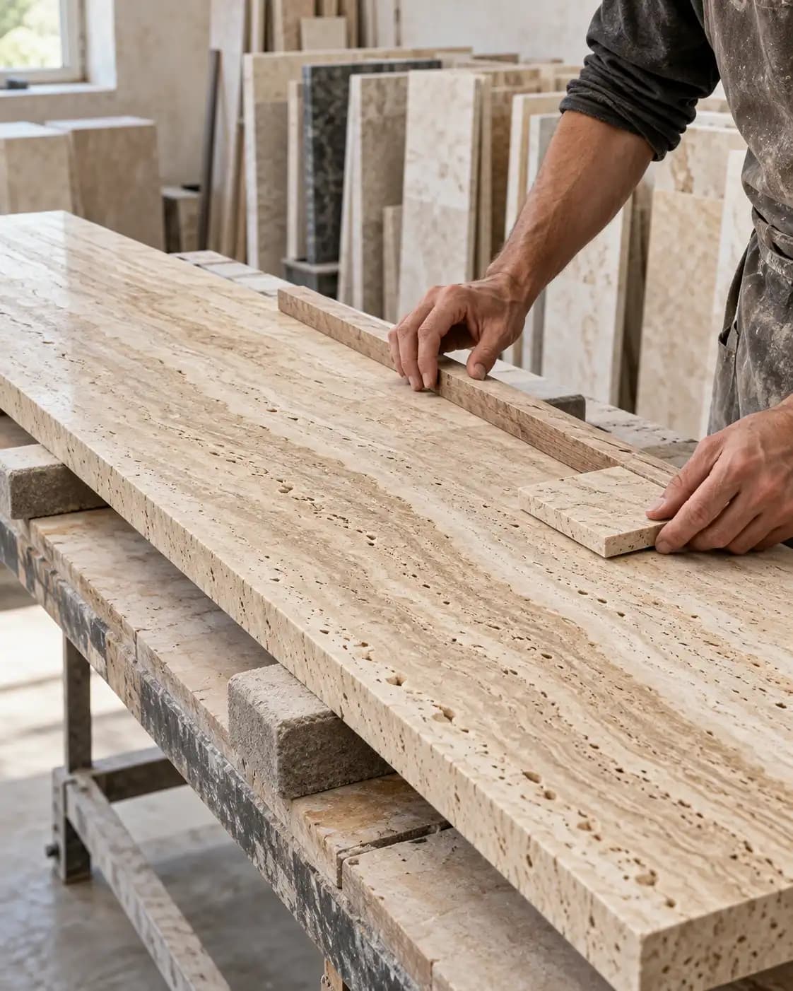 Artisan comparing a travertine sample with a long console top slab.