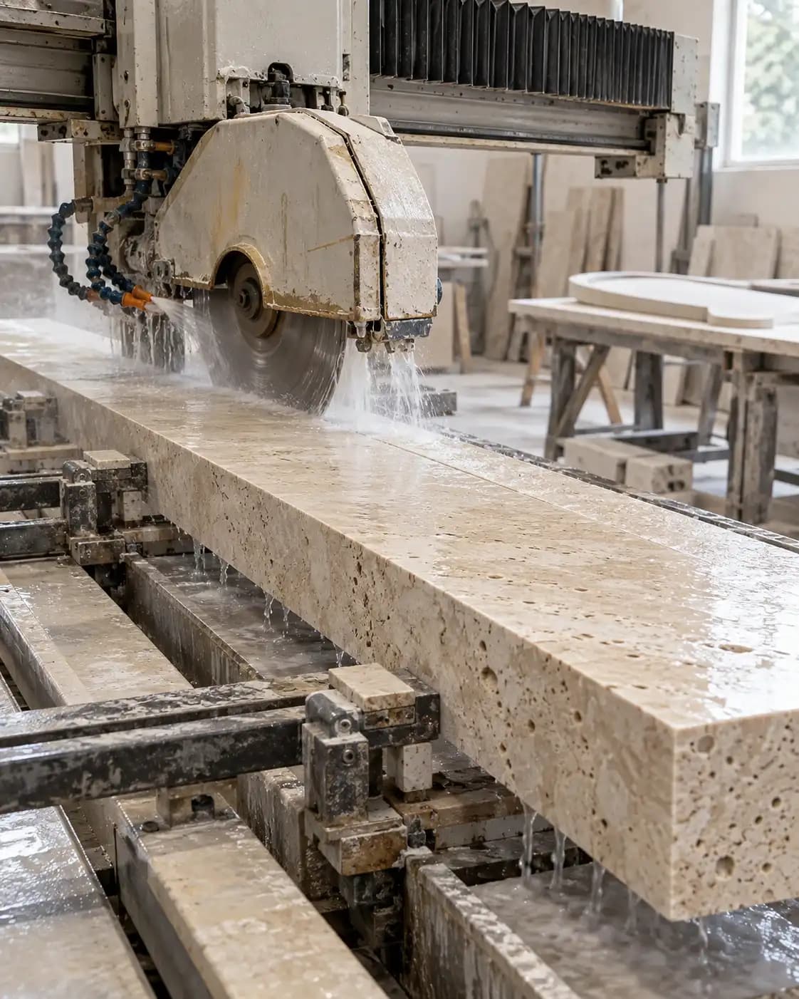 Wet bridge saw cutting a narrow travertine console top.