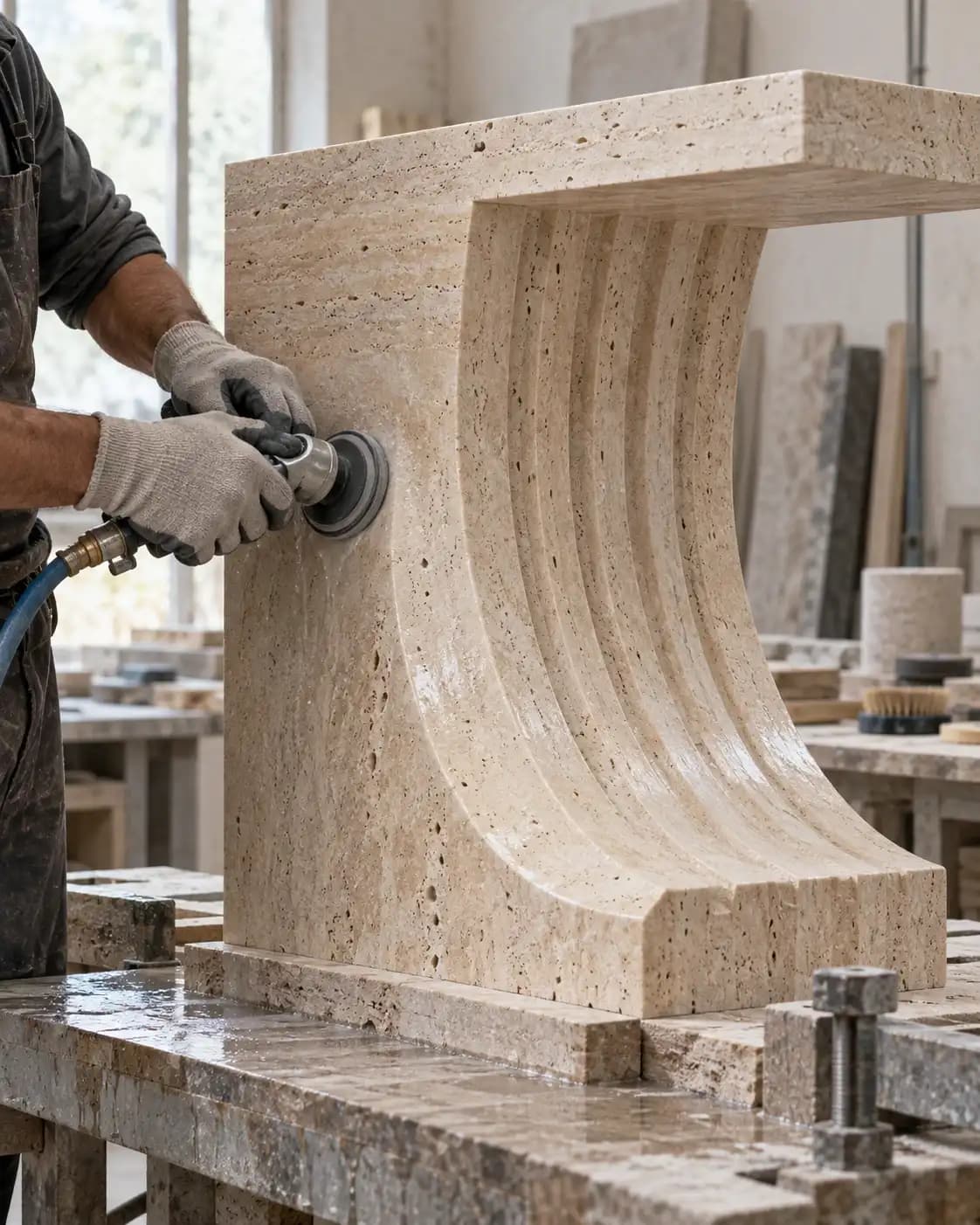 Artisan refining a sculptural travertine console support.