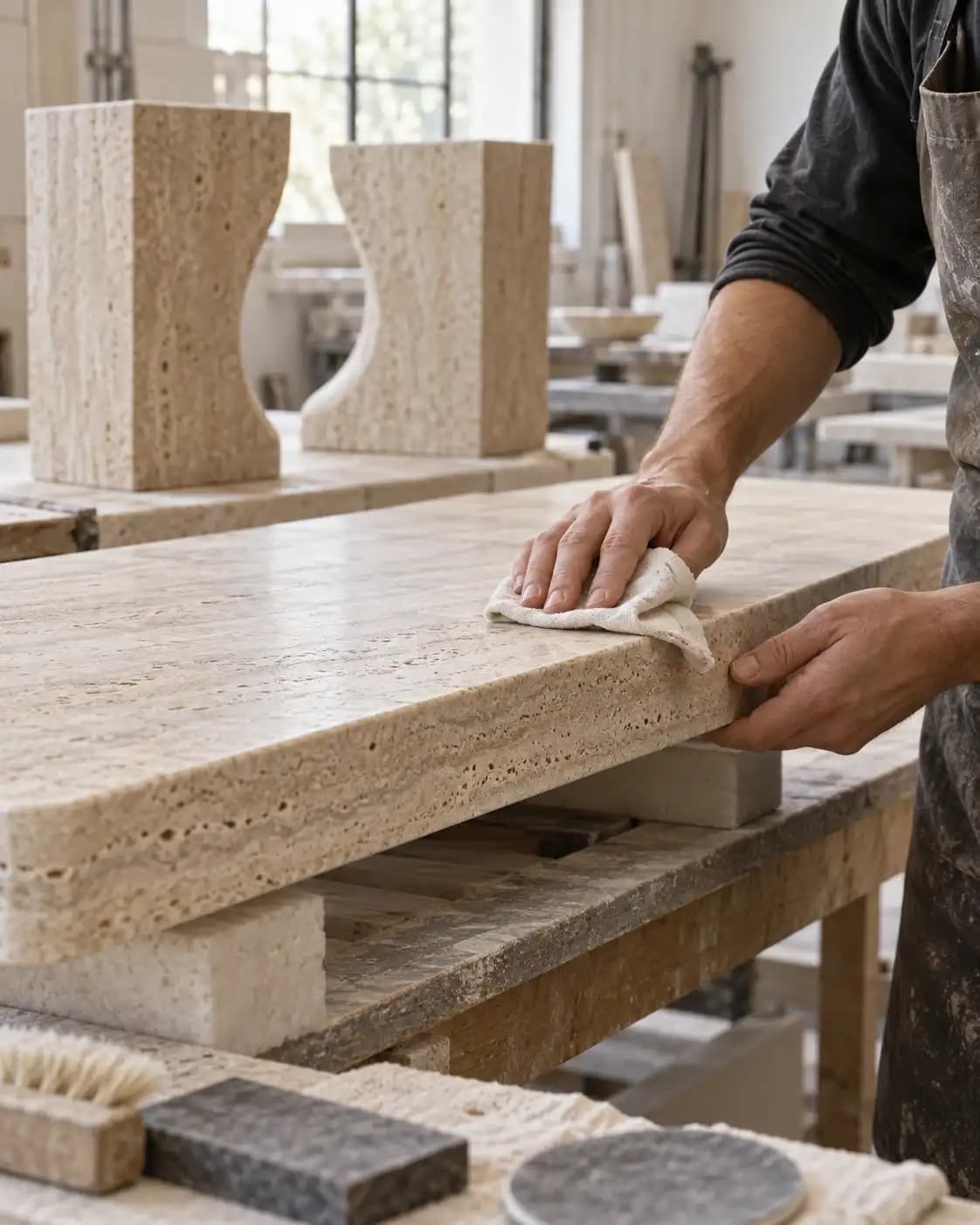 Artisan inspecting the honed surface of a travertine console top.