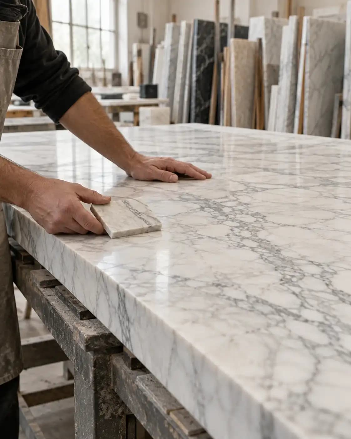 Artisan examining Carrara marble veining for a table top.