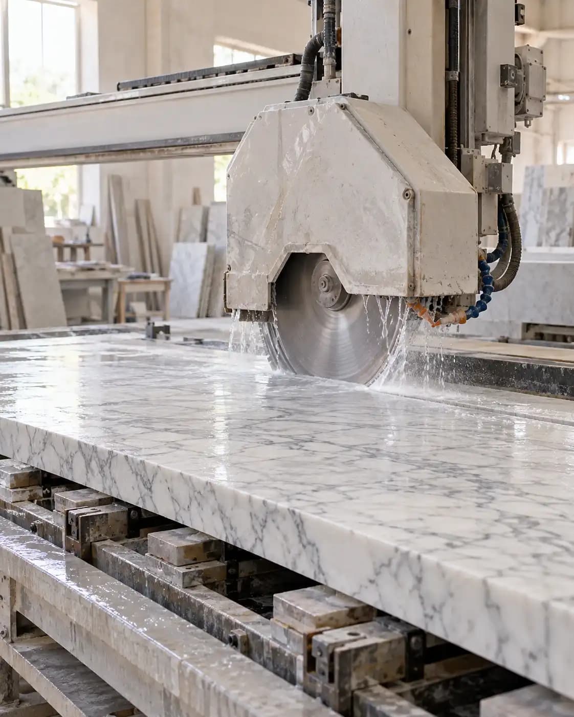 Water-fed bridge saw cutting a Carrara marble table top blank.