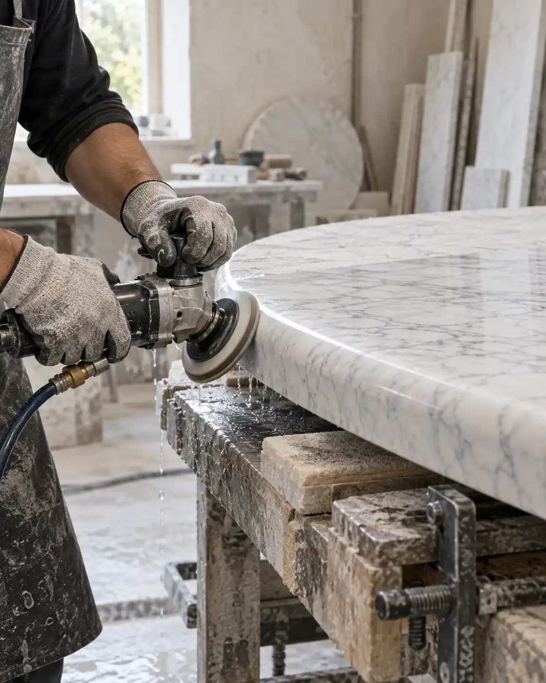 Artisan refining a rounded Carrara table top edge.