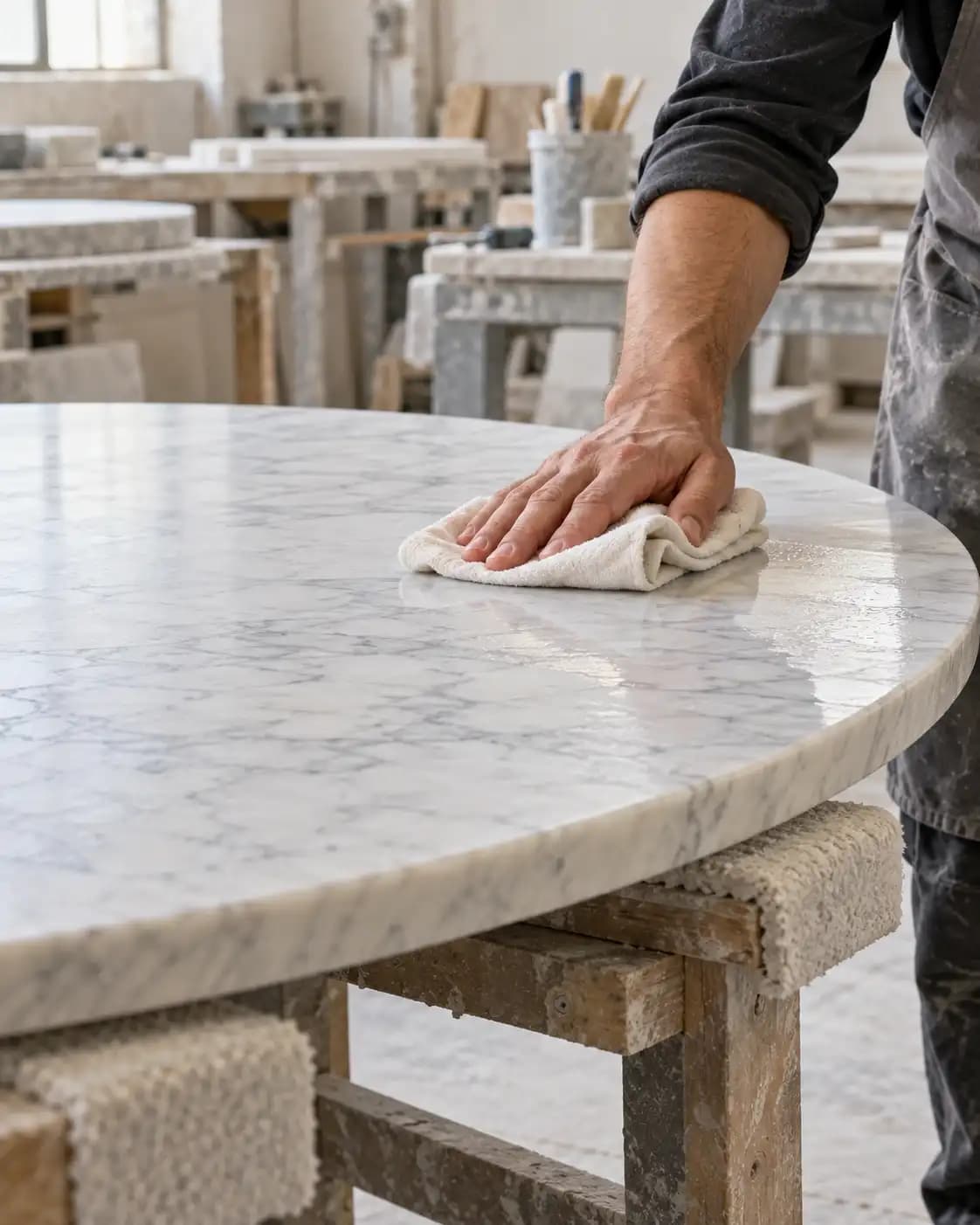 Artisan wiping and inspecting a finished marble table top.