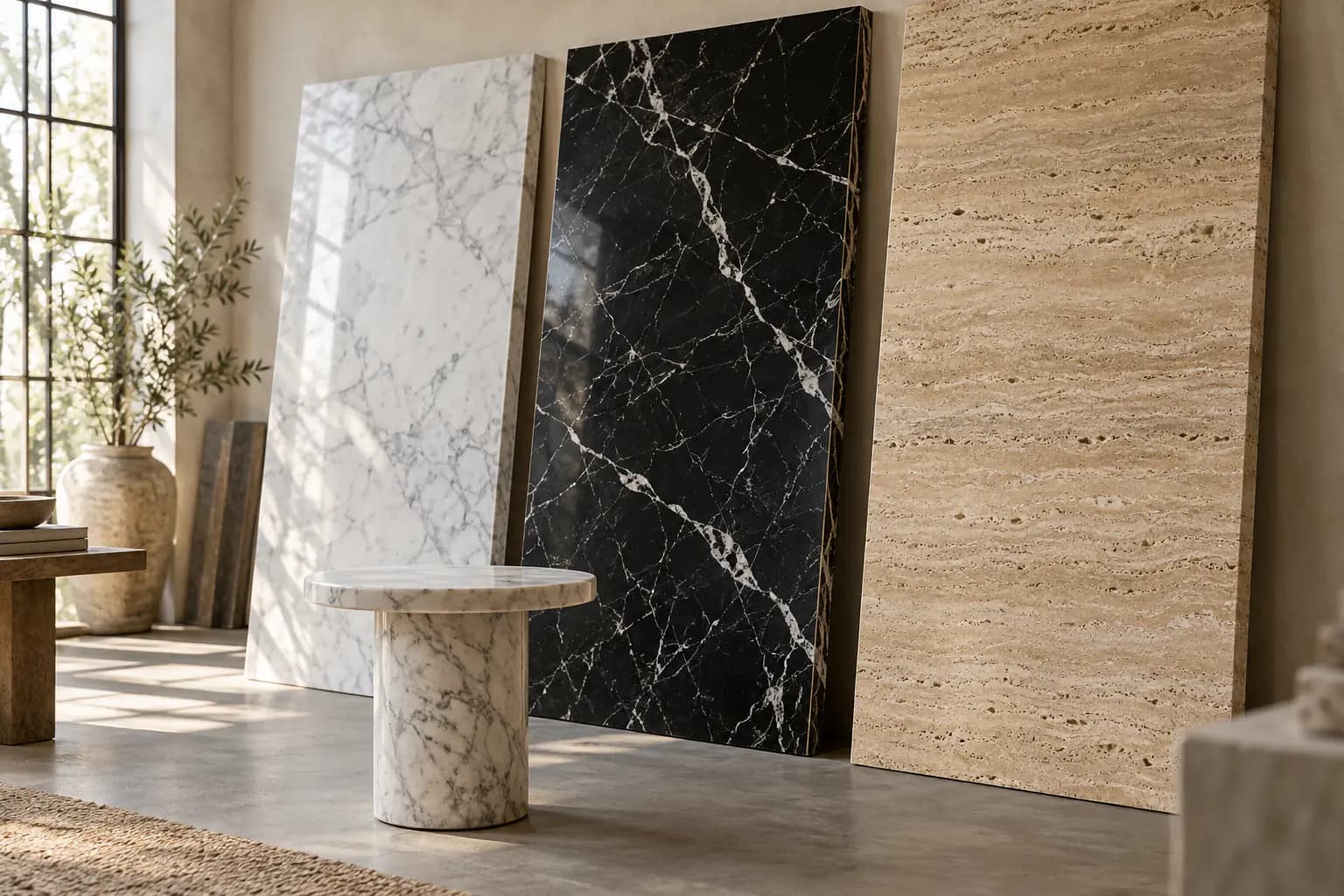 White Carrara, black Nero Marquina and beige travertine slabs in a daylight stone atelier with a small marble side table