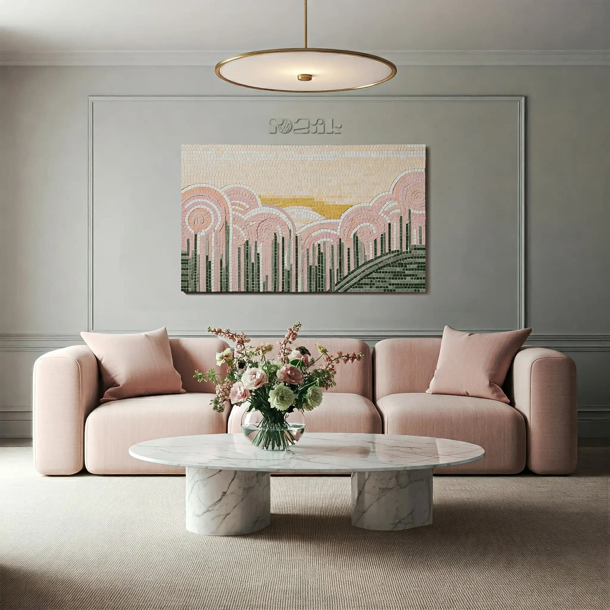 A soft pastel marble mosaic of stylised hills and arcs in blush, gold and green