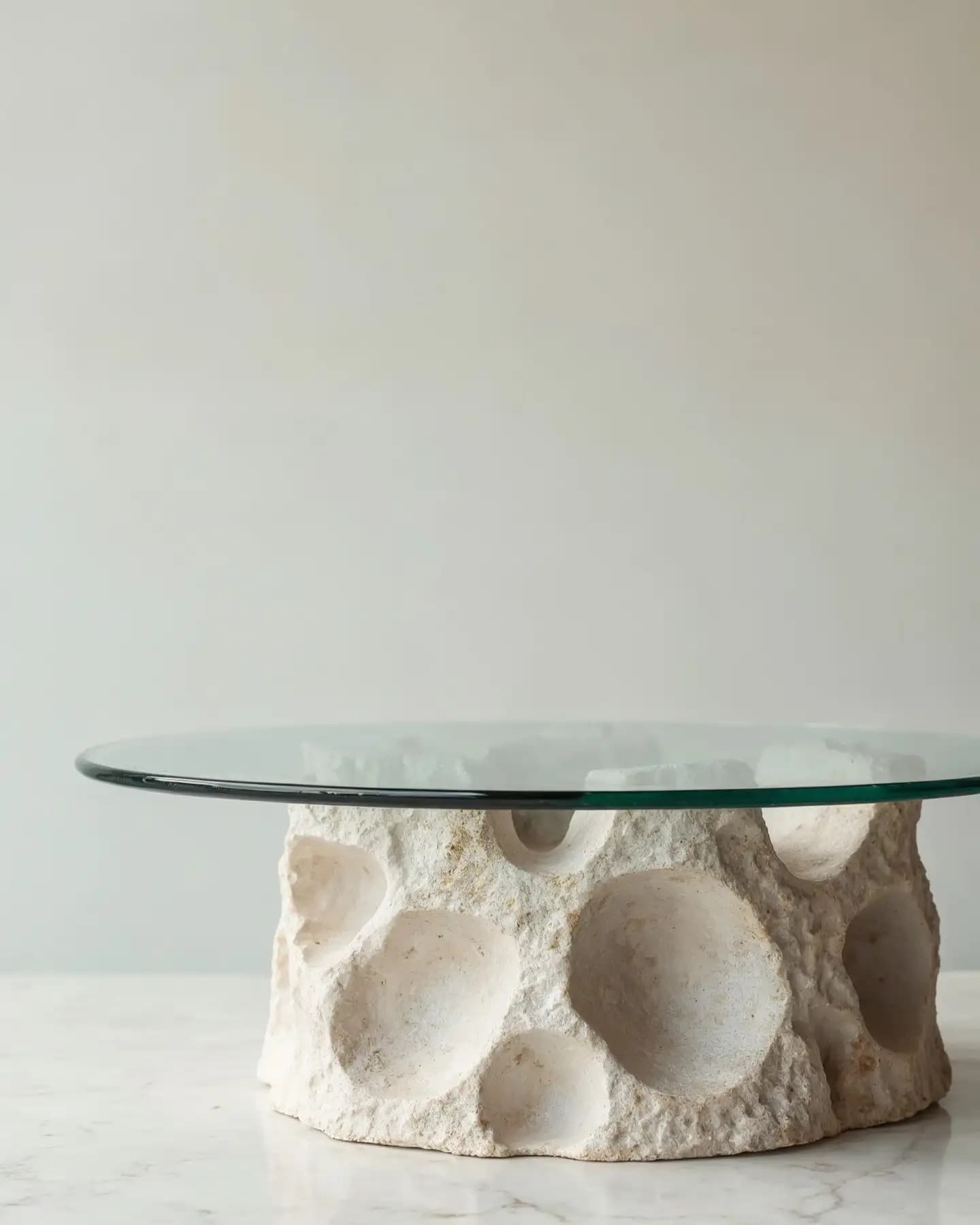A coffee table with a hand-carved hollowed stone base beneath a clear glass top