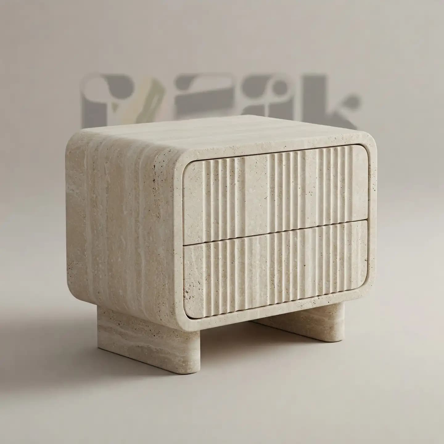 A handcrafted travertine nightstand with fluted drawers and softly rounded edges