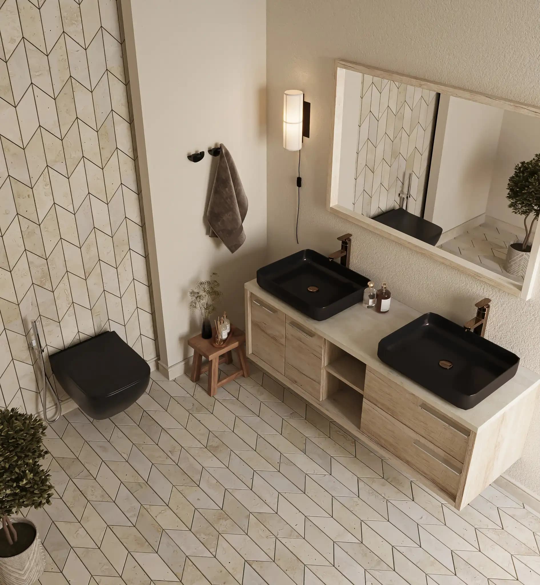 Marble tiles laid in a sleek chevron pattern for bathroom walls