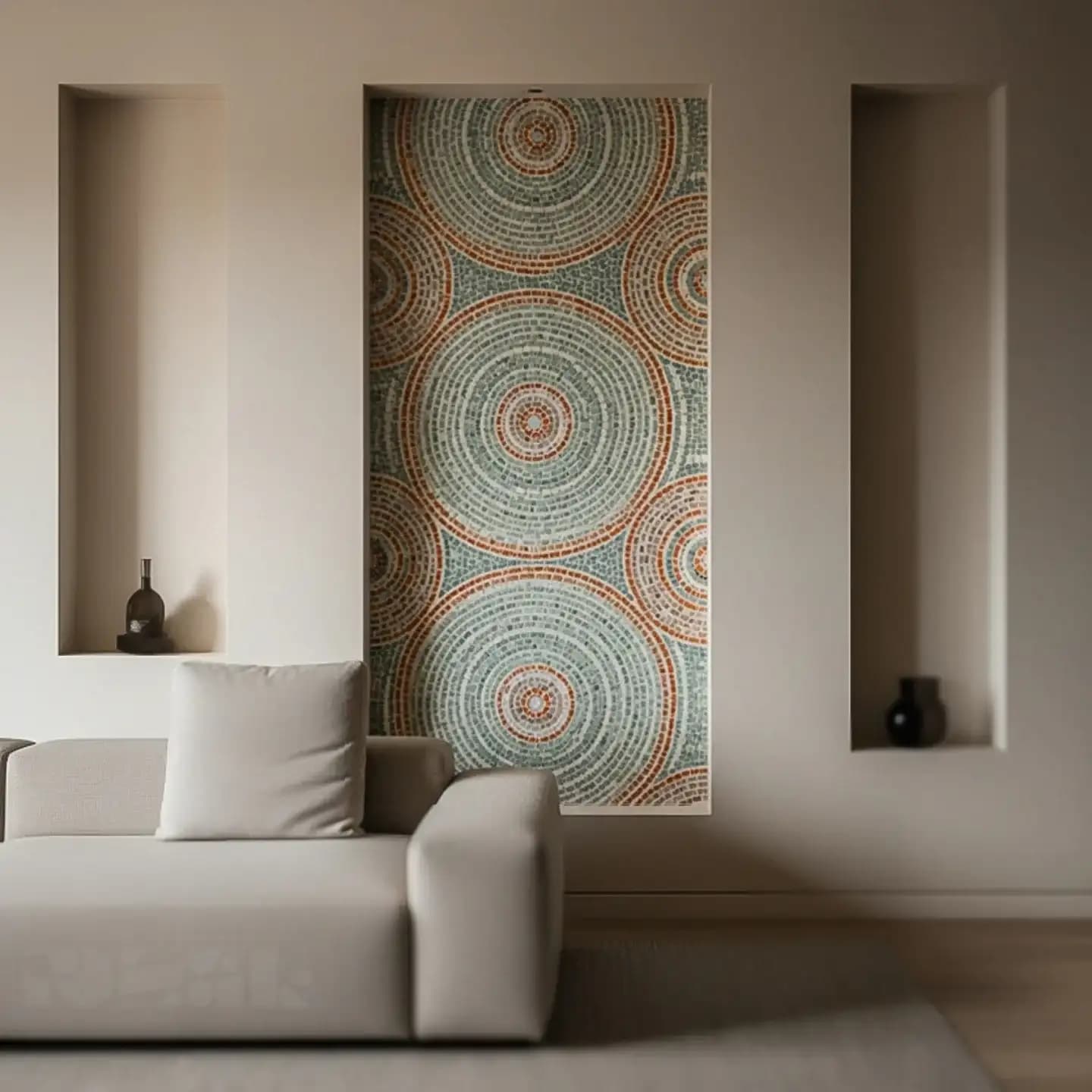 A tall marble mosaic panel of overlapping concentric circles in soft sage, coral and sand