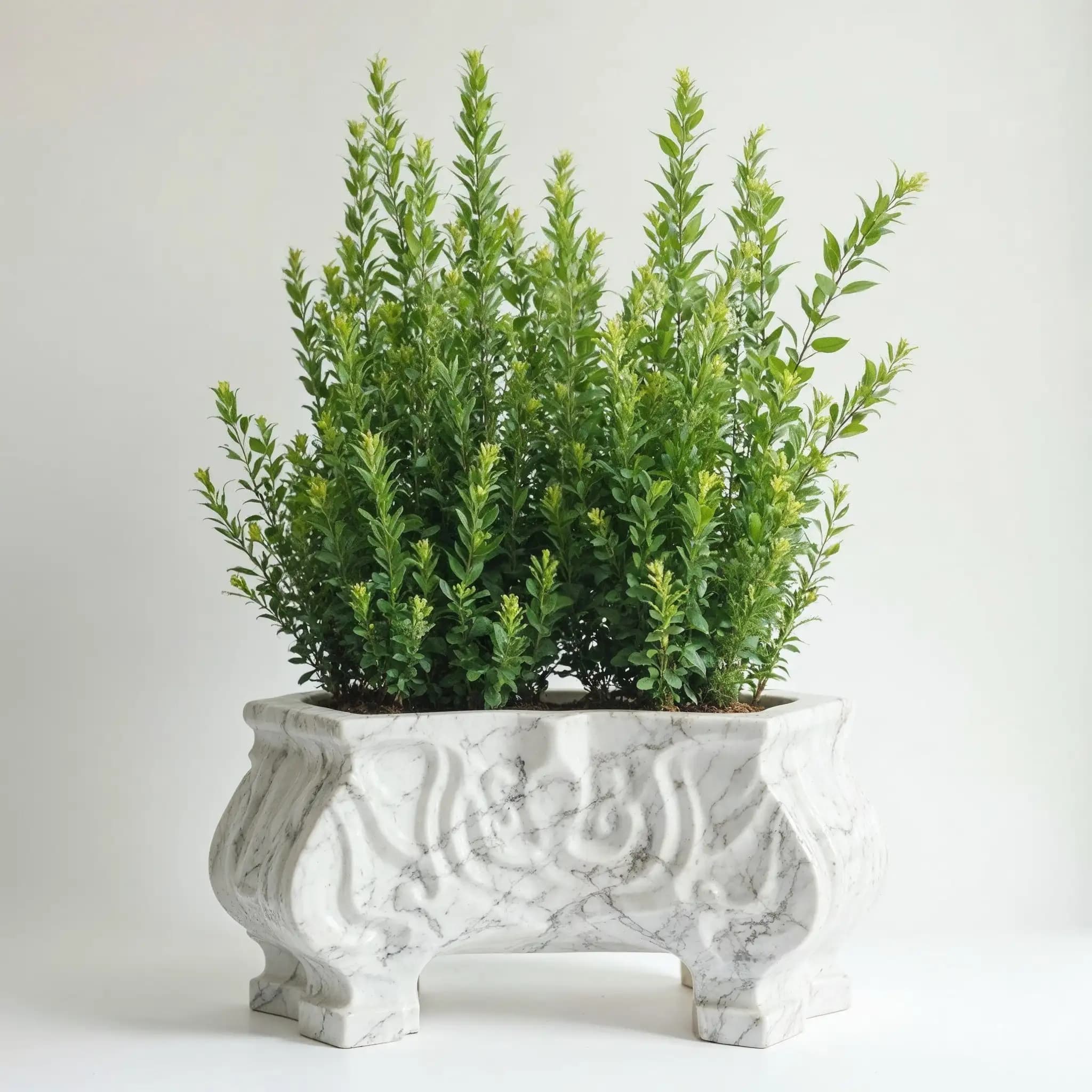 A collection of hand-carved white marble planters with classical details