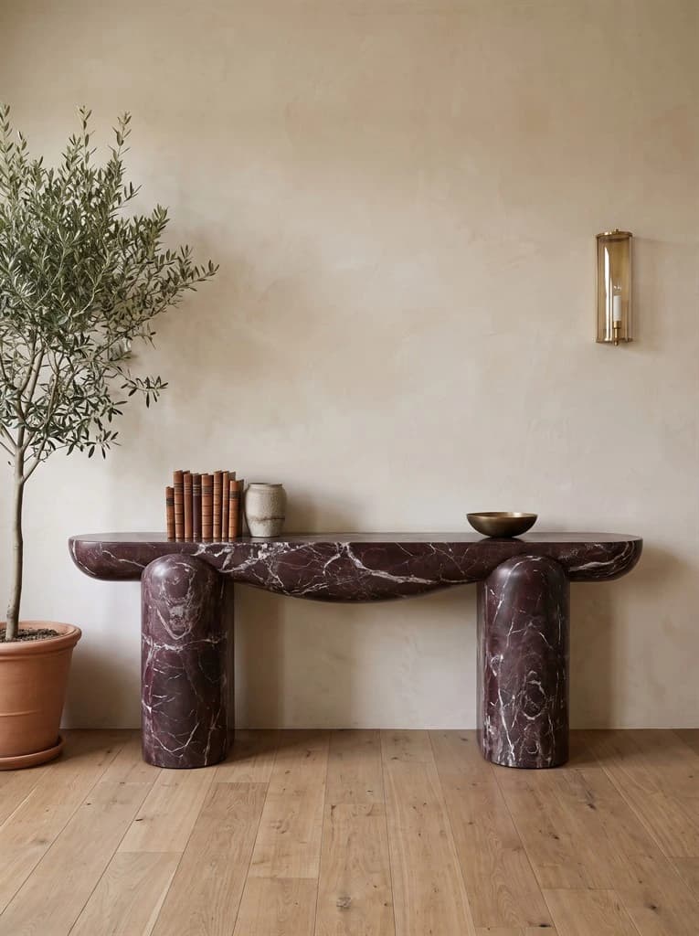 Front view of the Levora Rosso Levanto marble console