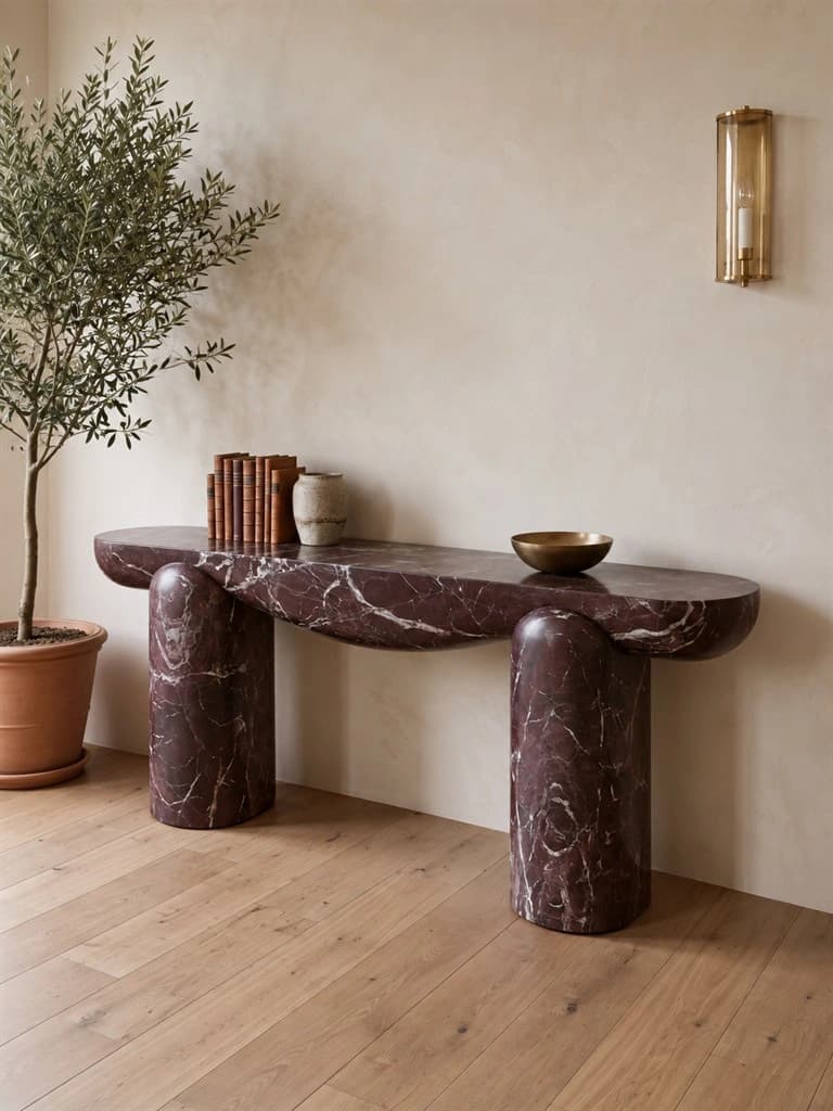 Left angled view of the Levora burgundy marble console