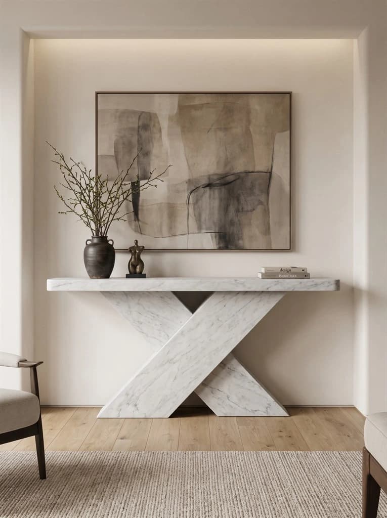 Traverse Carrara marble console with intersecting diagonal supports