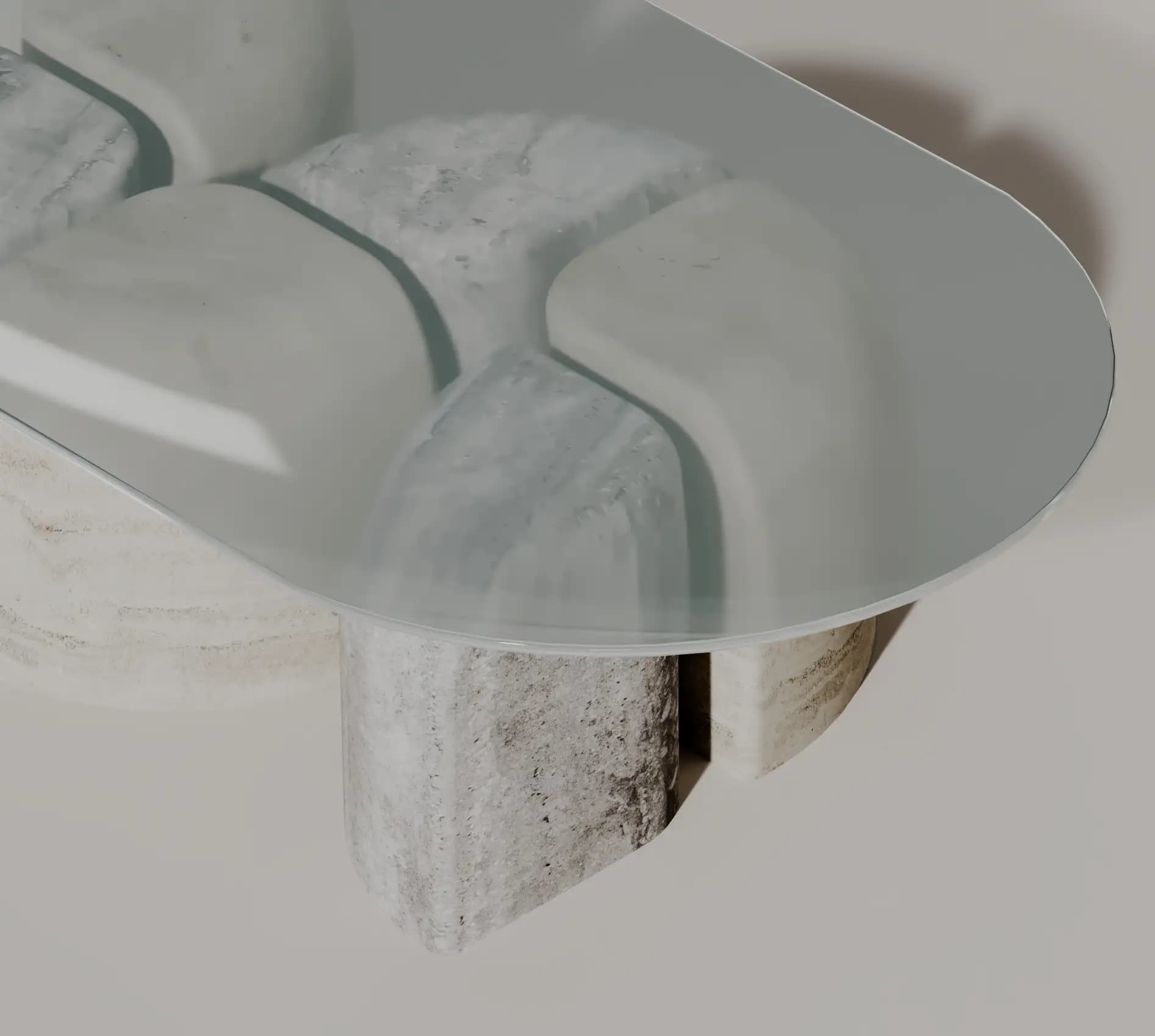 Close view of the Tesserae marble blocks beneath the glass top