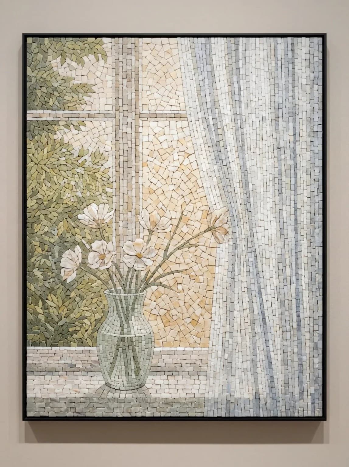 Calira pale flower vase beside window and curtain mosaic panel