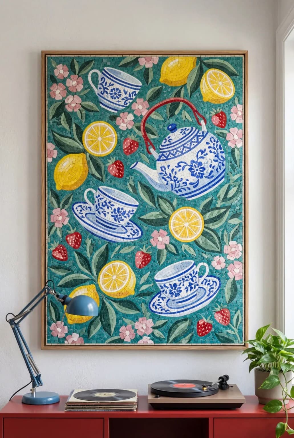 Citrelle blue and white tea set with lemons and strawberries mosaic panel — alternate view 2