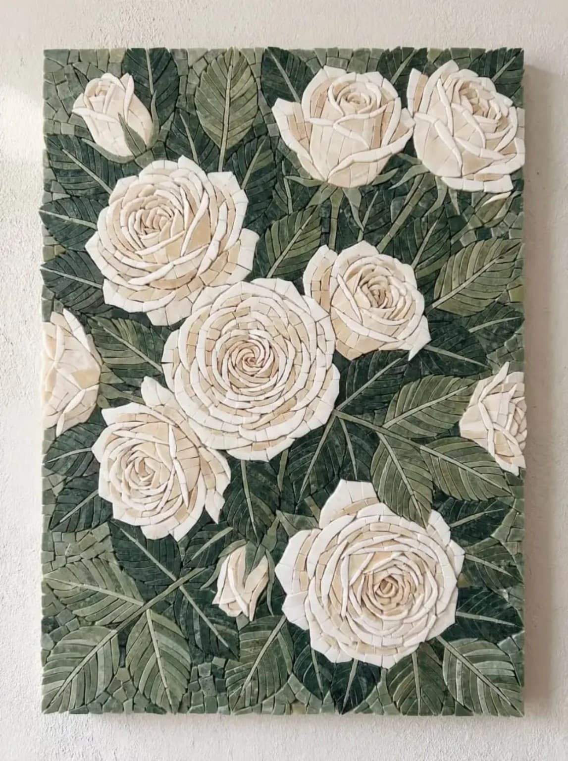 Ivora ivory roses and dense green foliage mosaic panel