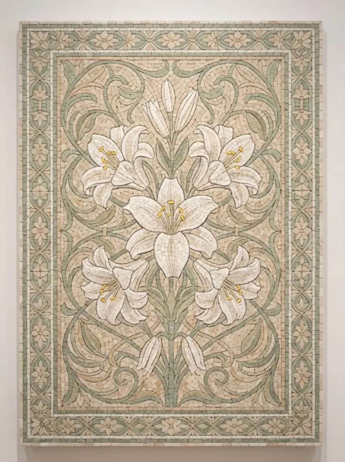 Lysenne white lily floral mosaic panel with ornamental border