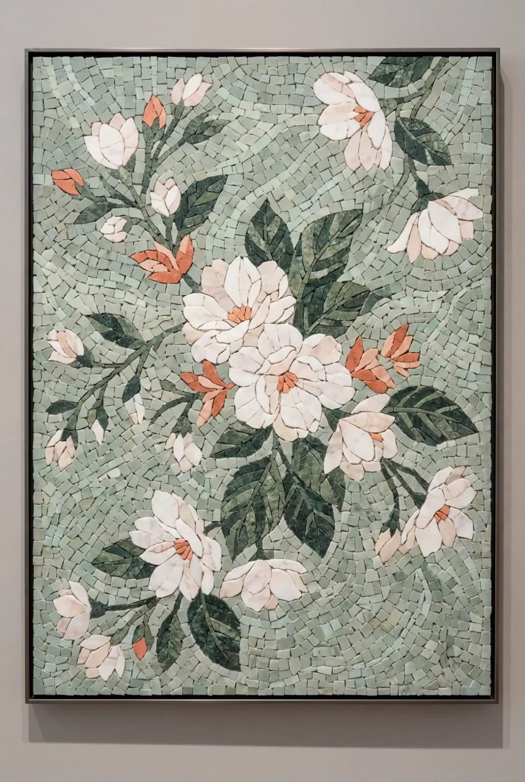 Maelis white blossoms and coral buds on sage mosaic panel