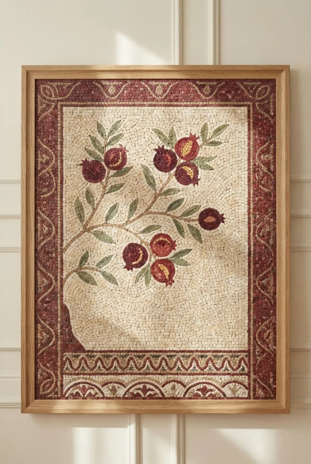 Pomelle pomegranate branches with burgundy ornamental mosaic border