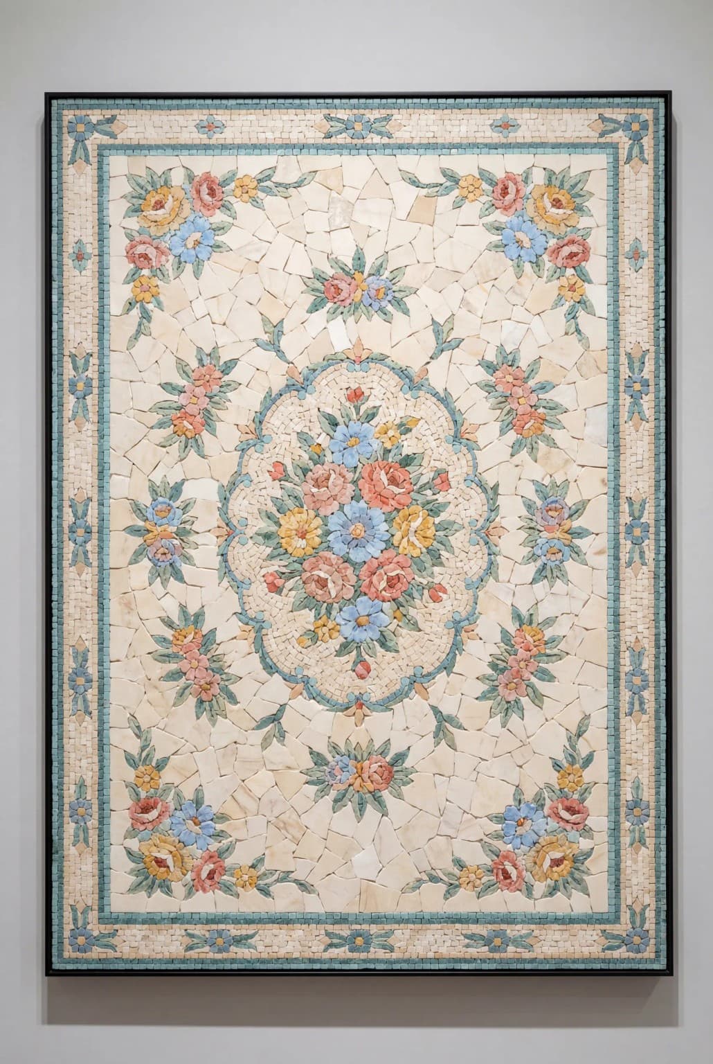 Rosalune marble mosaic panel with a central floral medallion, colored blossoms, and a warm ivory stone background