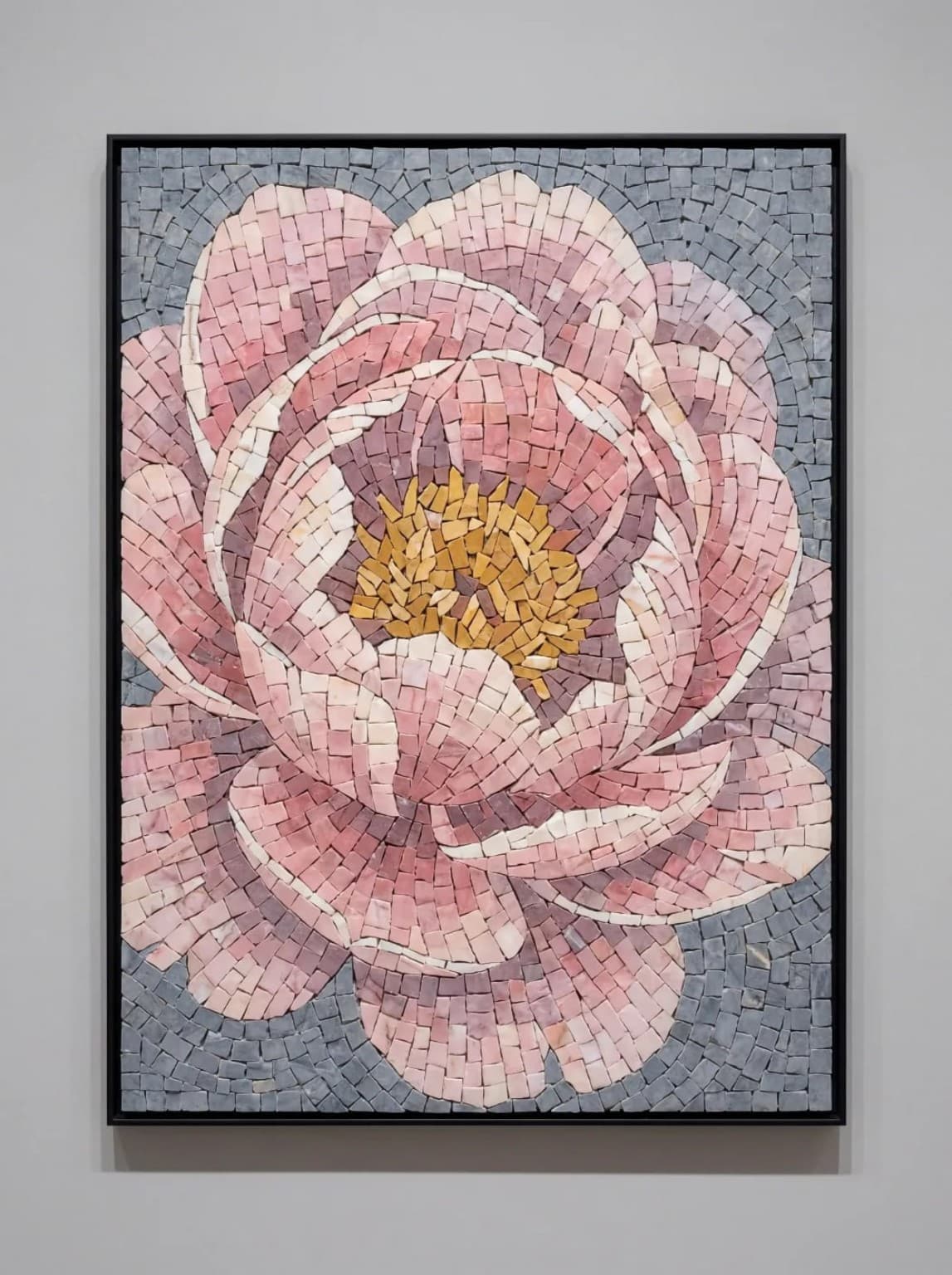 Roselle layered pink flower mosaic panel on blue-gray background