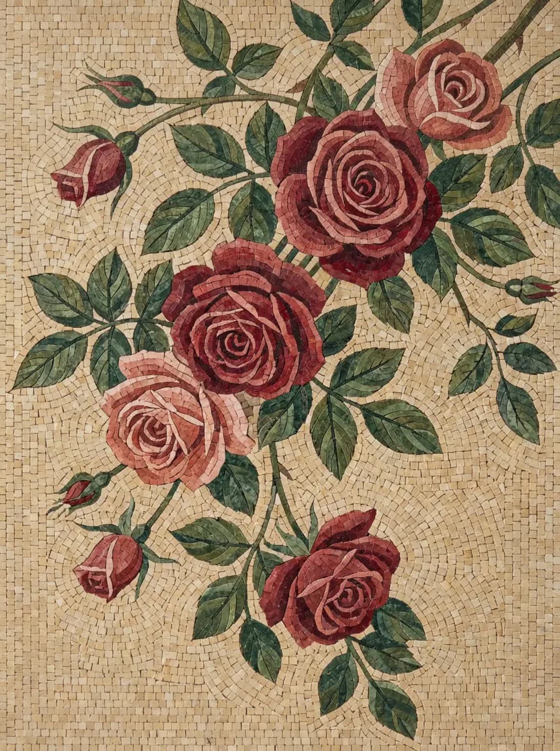 Rovelia marble mosaic panel with layered red and blush roses, green leaves, and a warm ivory stone background