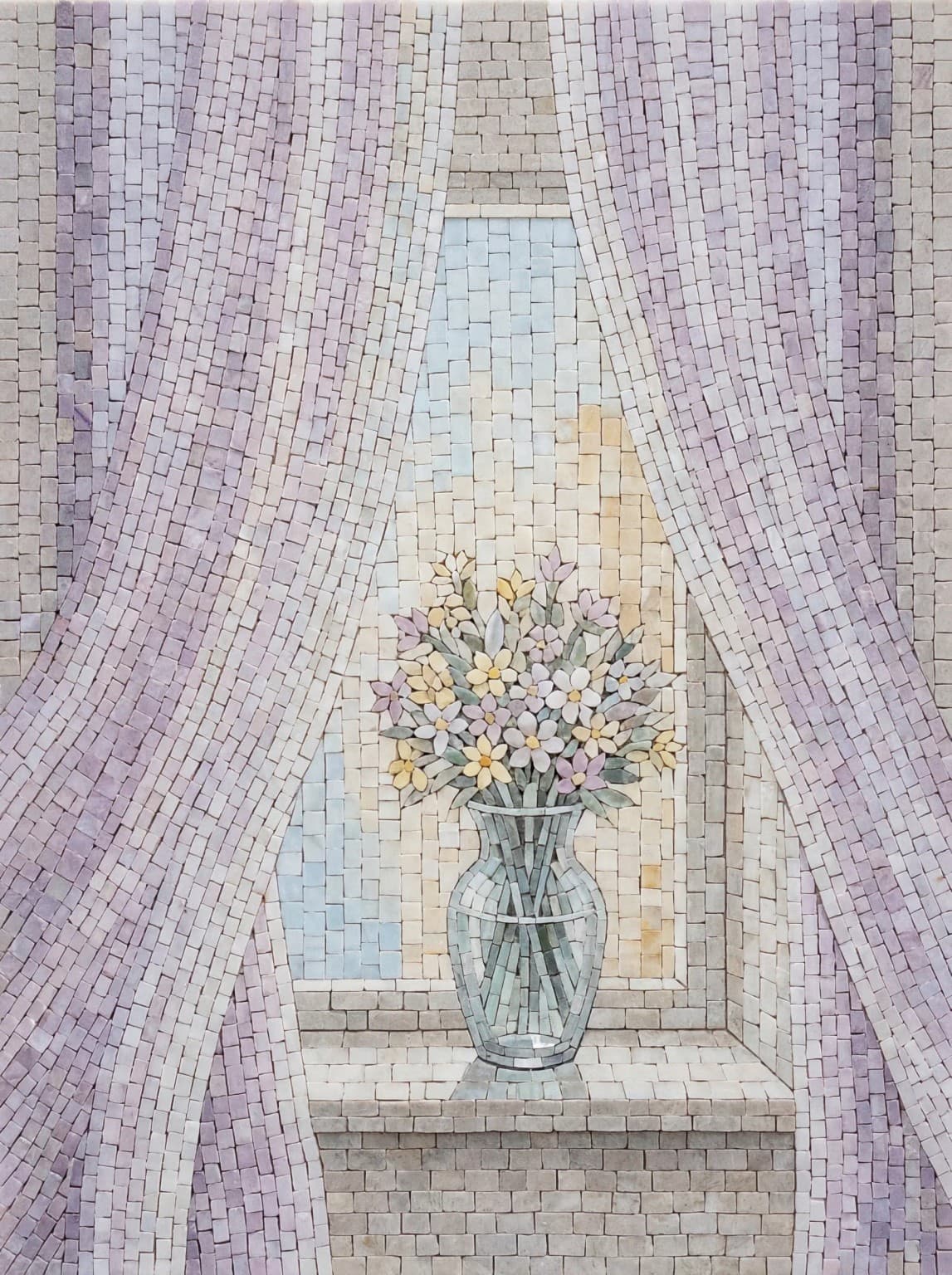Veloria marble mosaic panel with a flower-filled vase framed by flowing lavender drapery