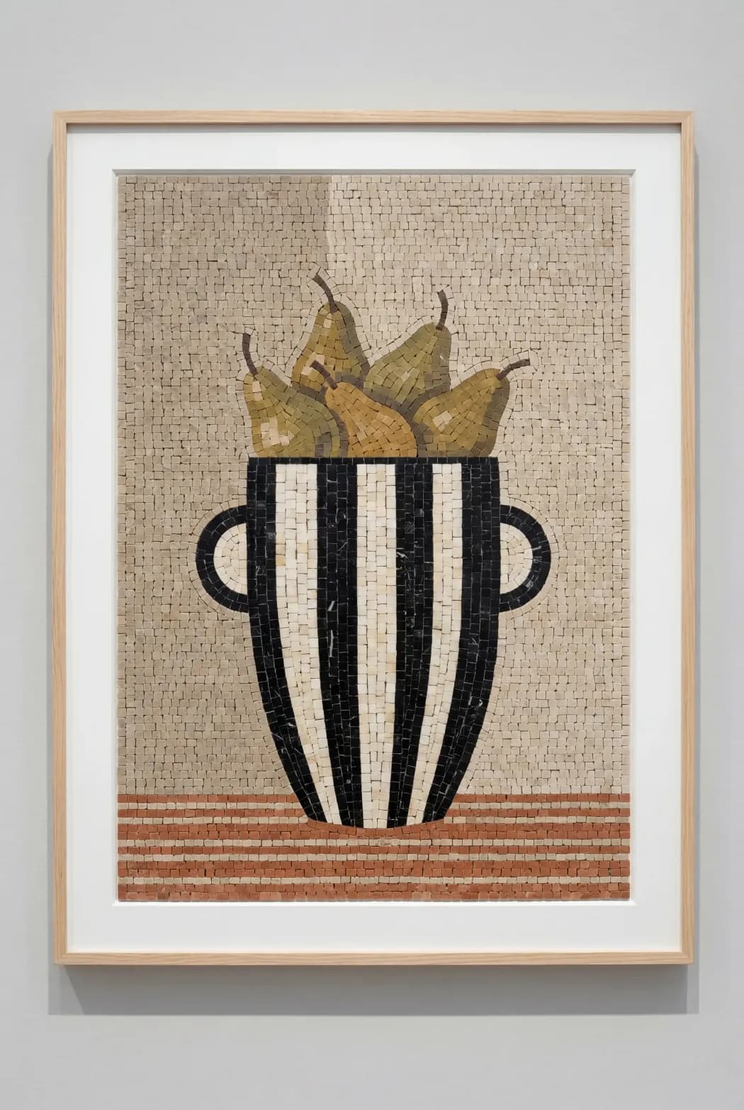 Natural marble mosaic panel with pears in a black and ivory striped vessel