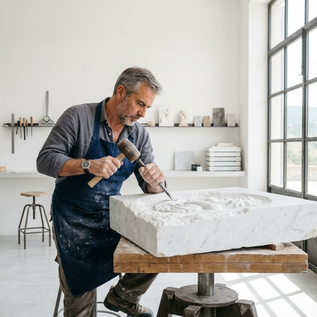 Rozaik artisan creating a custom marble and mosaic piece