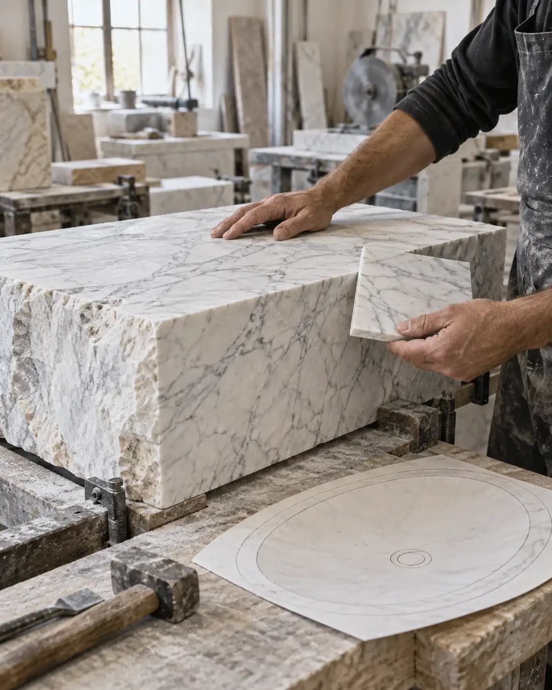 Artisan reviewing a Carrara marble block for a carved basin.