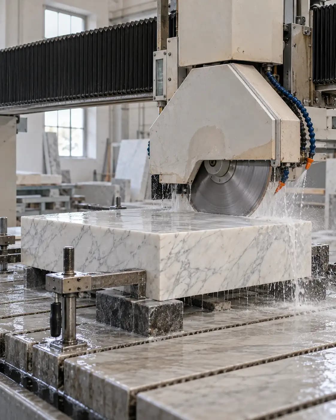 Water-fed saw preparing a thick marble basin blank.