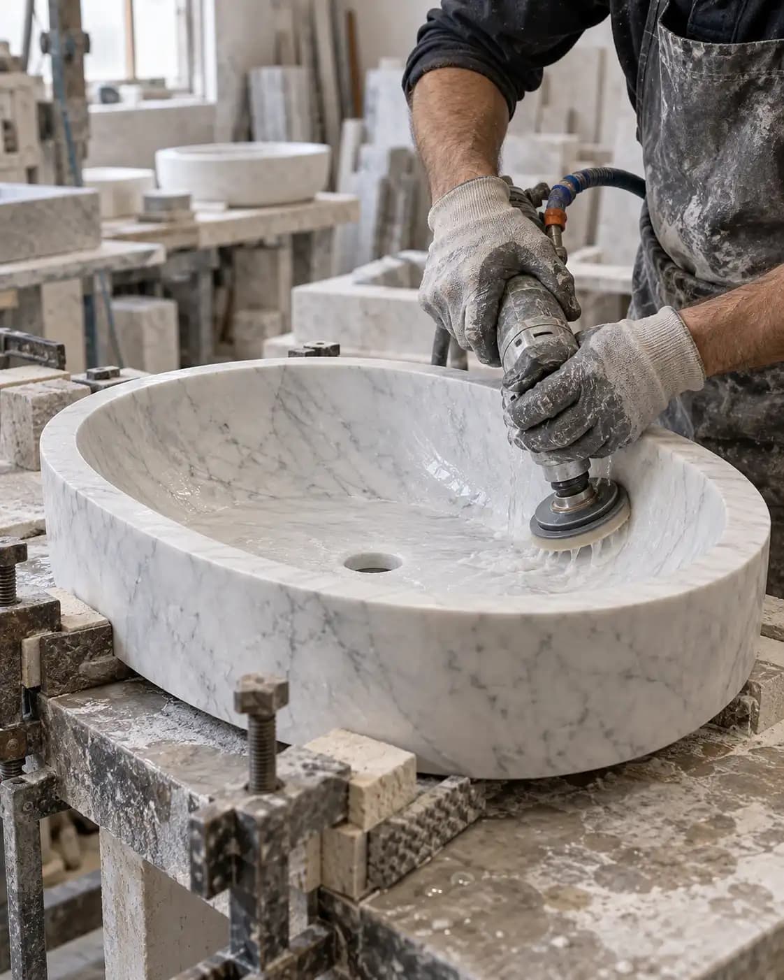 Artisan refining the interior of a carved Carrara marble basin.